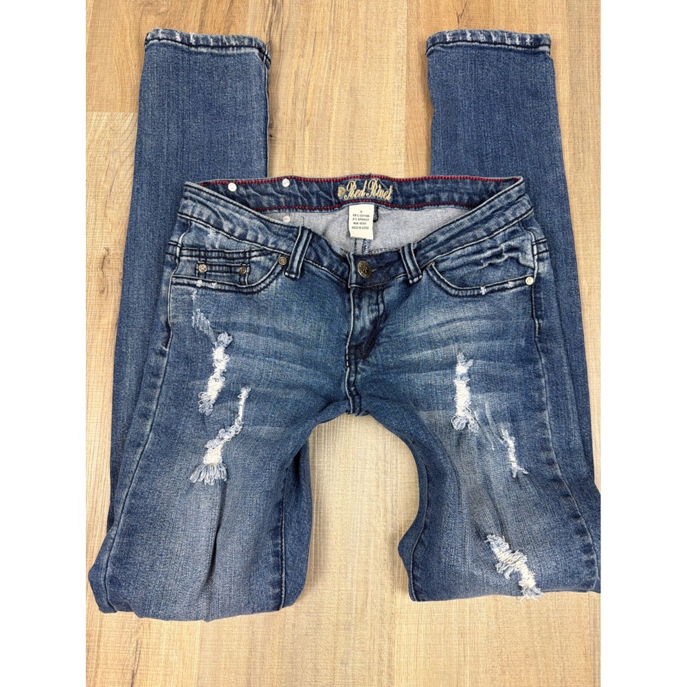 Red Rivet Low Rise Y2K Distressed Skinny Jeans Blue Size 5